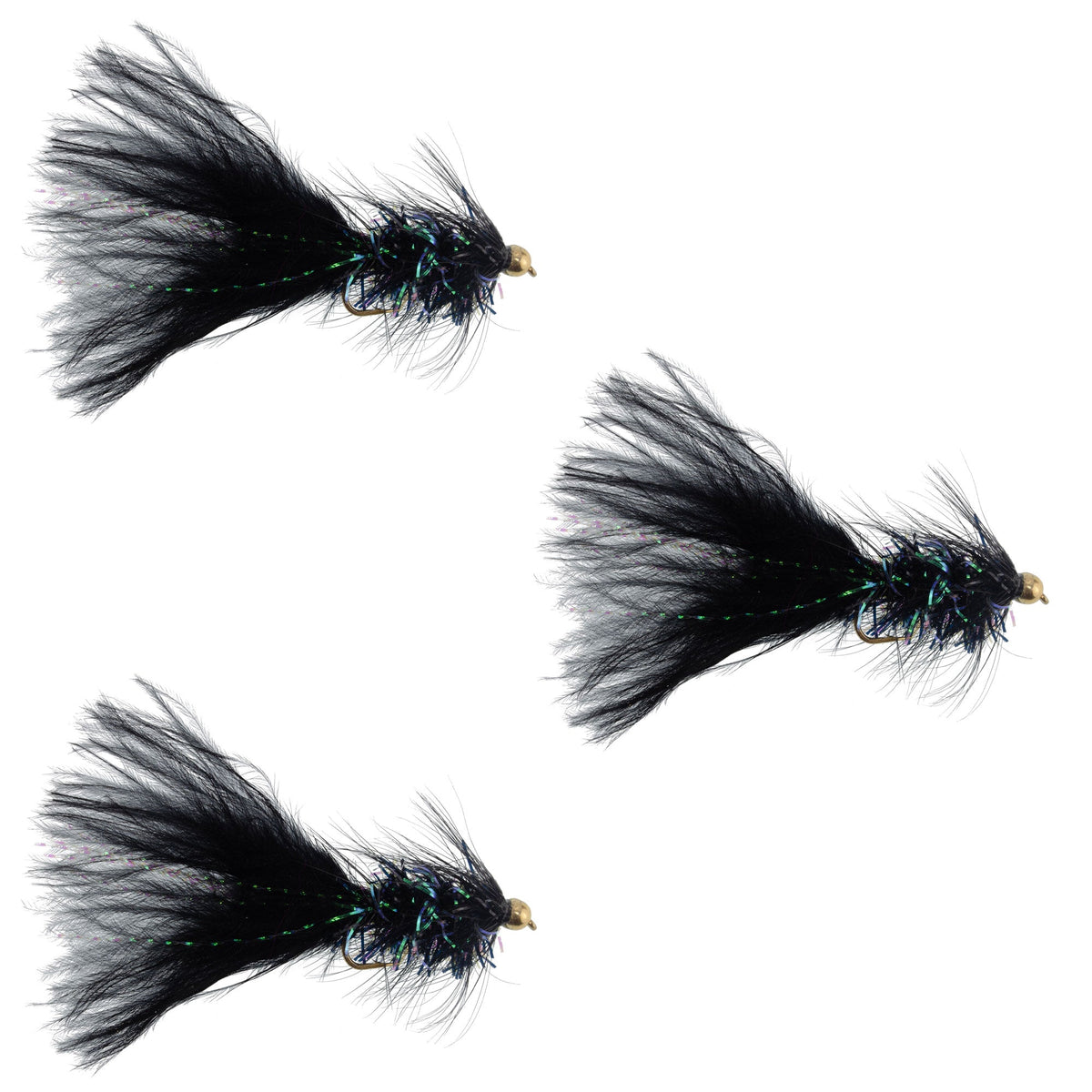 Black Bead Head Crystal Woolly Bugger Streamer Flies - (3 Pack, Sz 4)