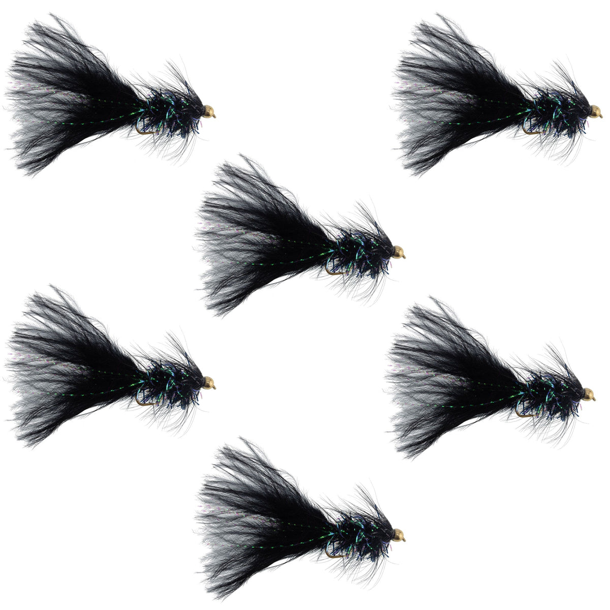 Bead Head Crystal Woolly Bugger Streamer - Black - (6 Pack, Sz 4)