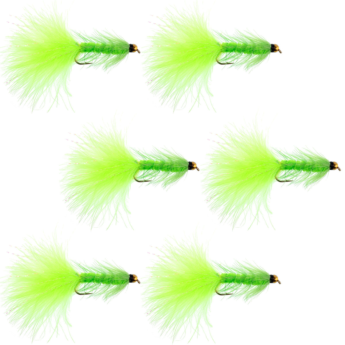 Chartreuse Bead Head Crystal Woolly Bugger Streamer Fly - (6 Pack, Sz 8)