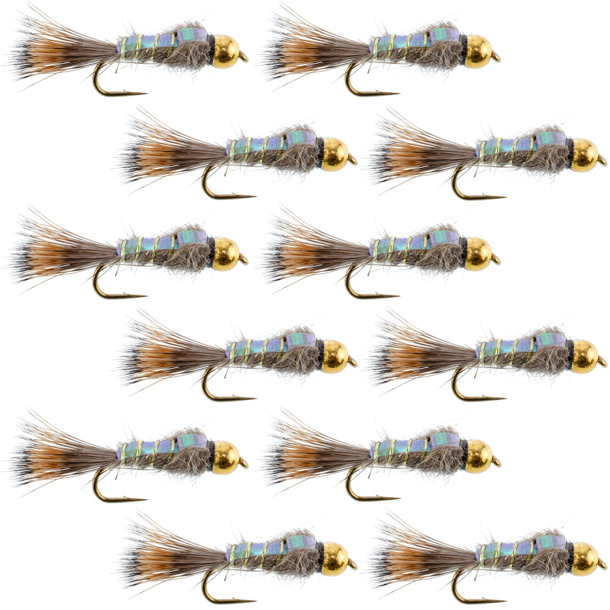Flashback Gold Ribbed Hare&#39;s Ear Trout Fly 1 Dozen Nymph Wet Flies Size 12