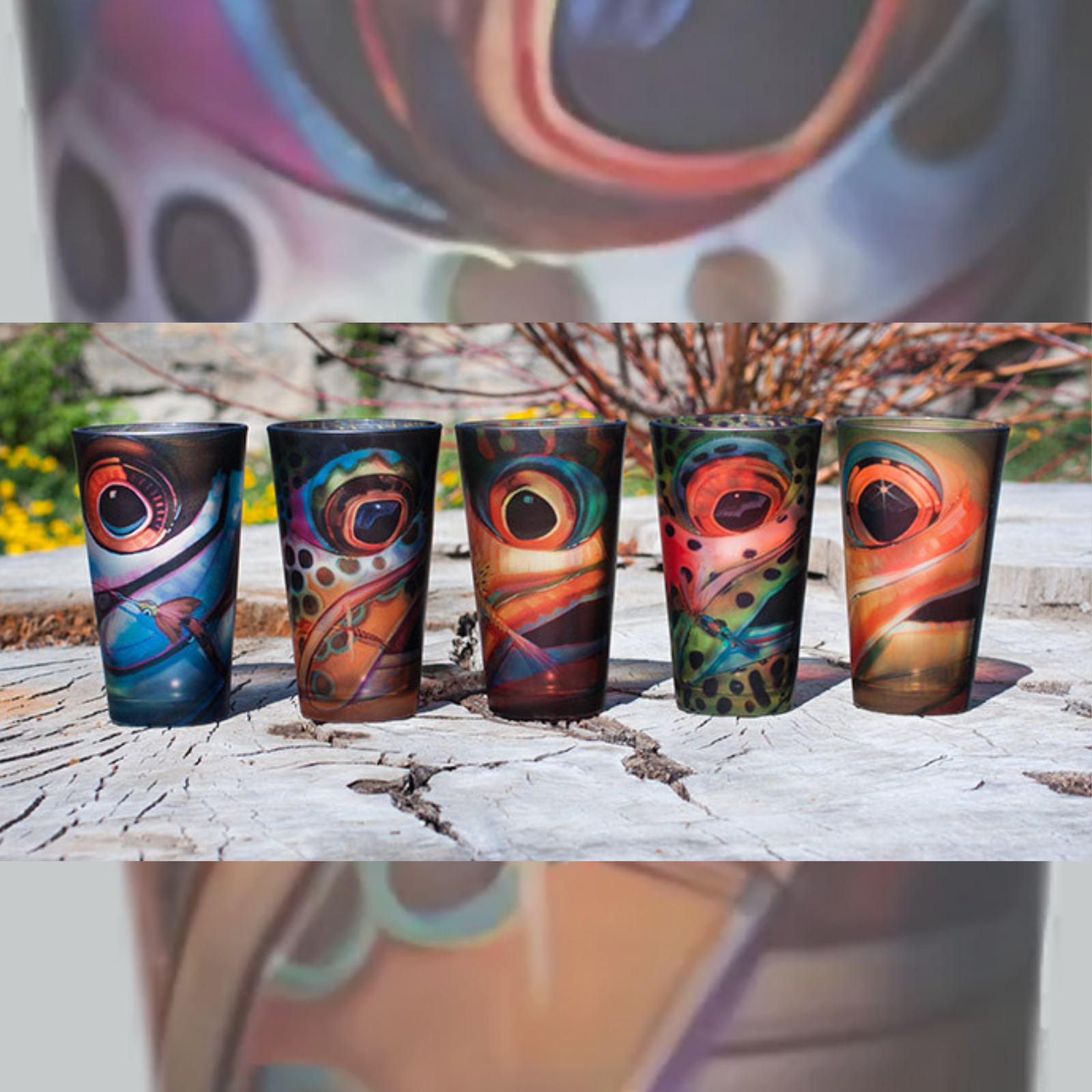 Derek DeYoung Fish Face pilsner glasses with bold trout artwork