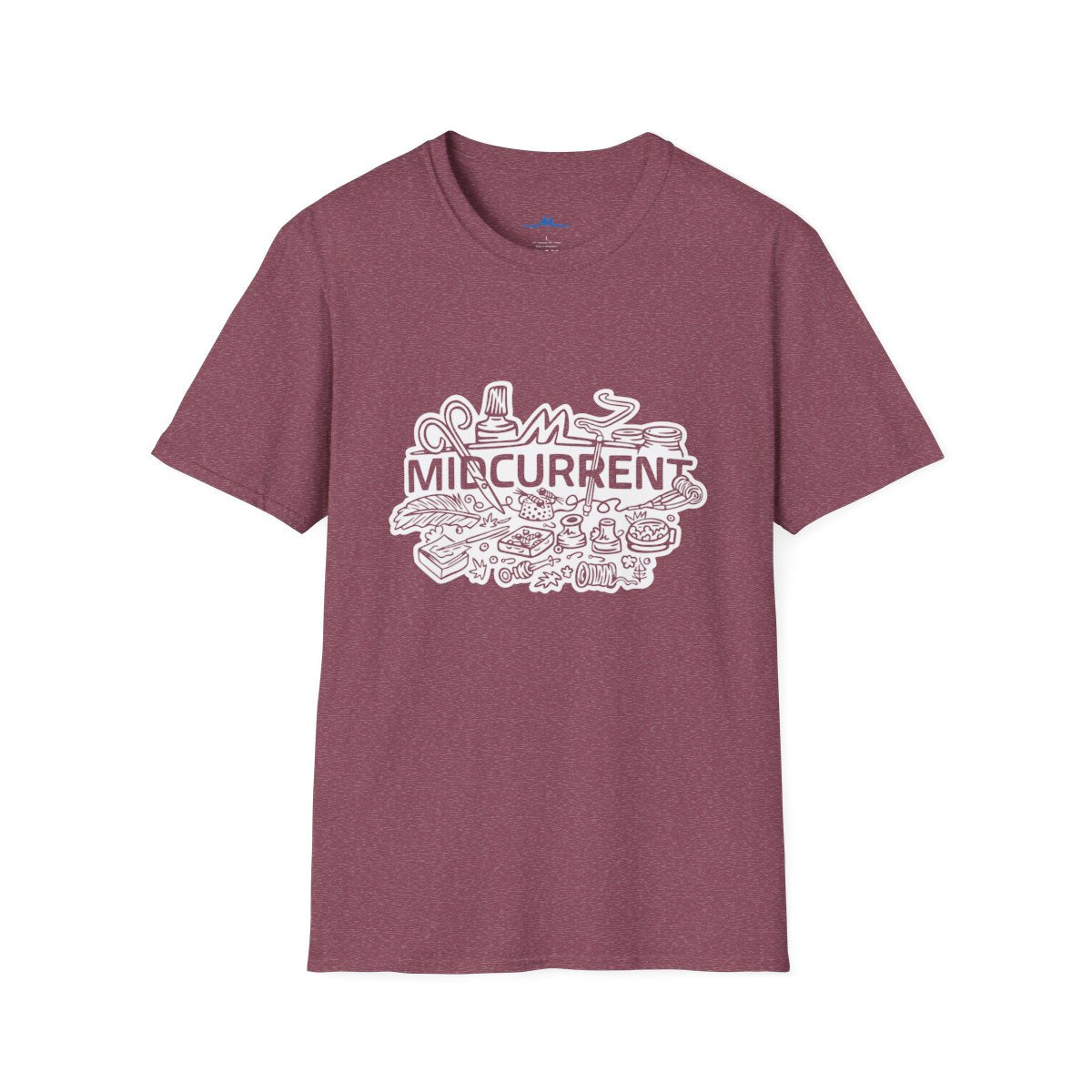 Maroon t-shirt with white graphic design on a white background