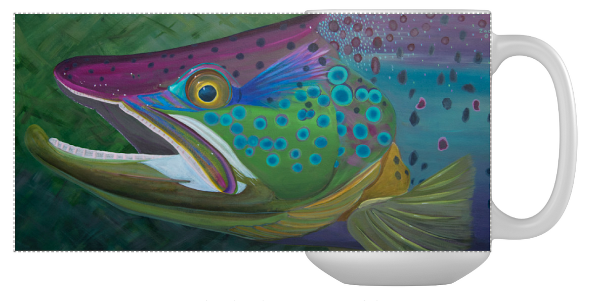 Mug with a colorful fish design on a white background