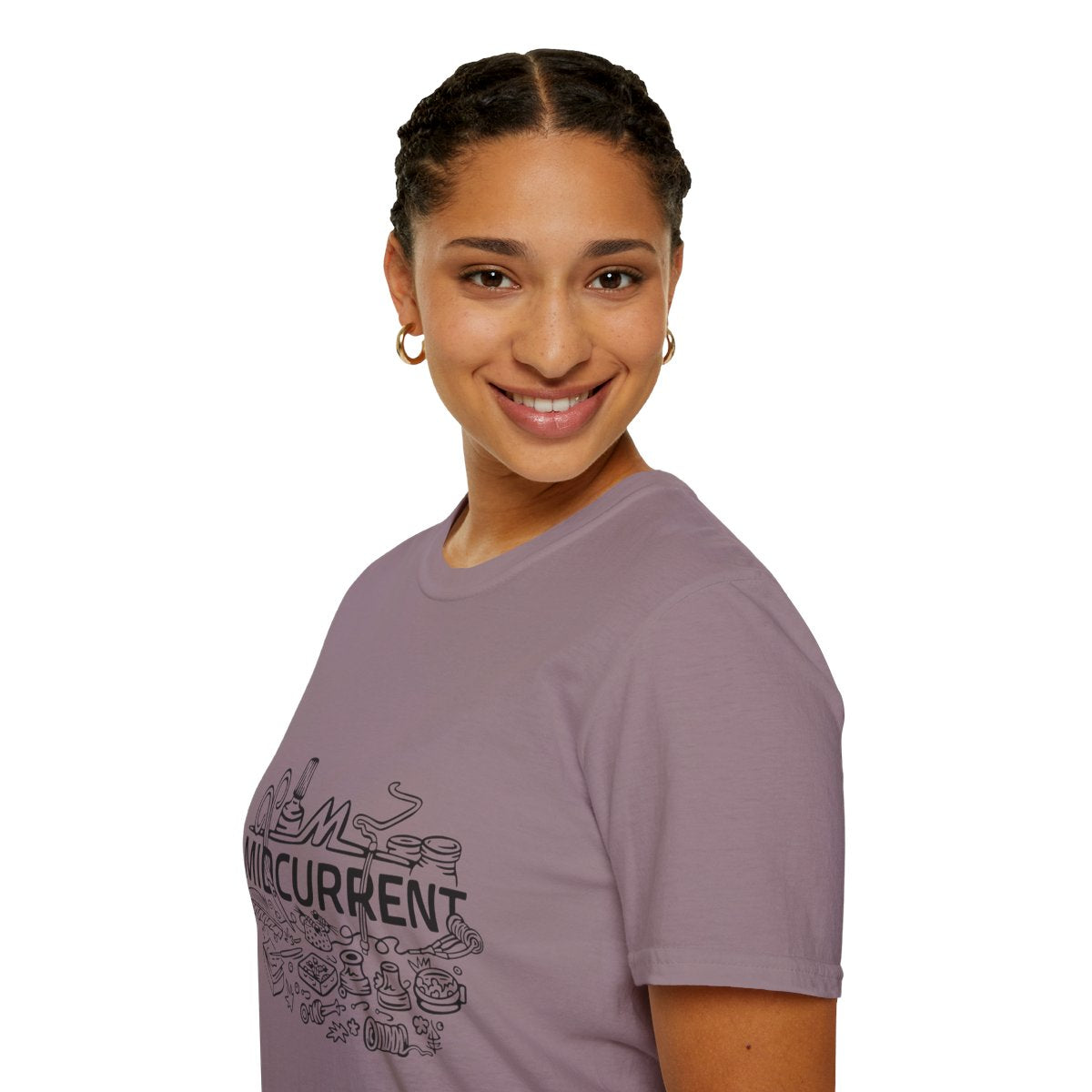 Woman wearing a purple t-shirt with black text and graphics