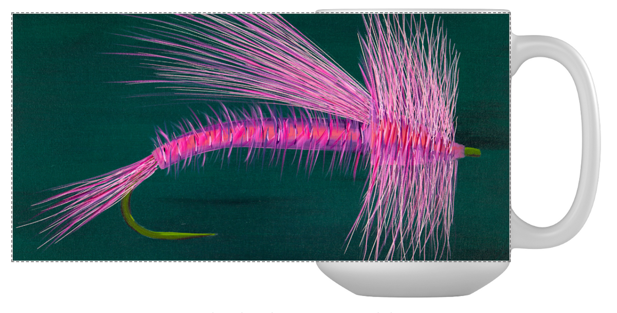 Fishing fly on a mug with a green background