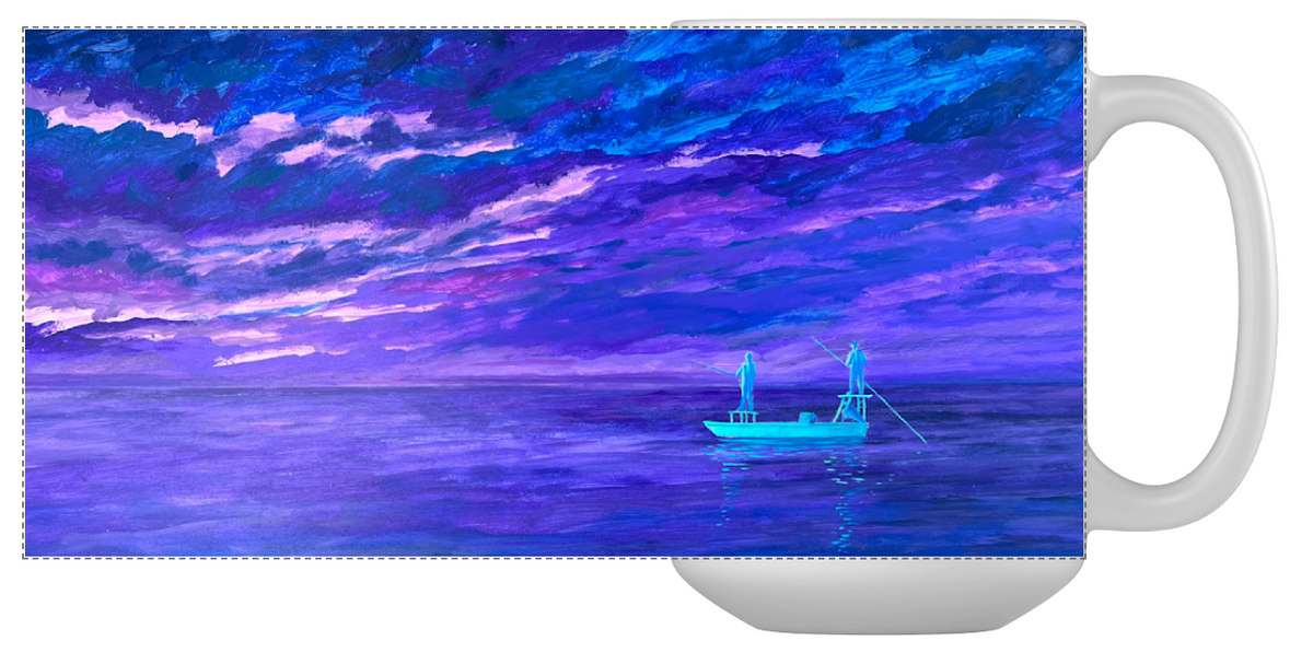 Mug with a scenic design of a boat on water under a purple sky.