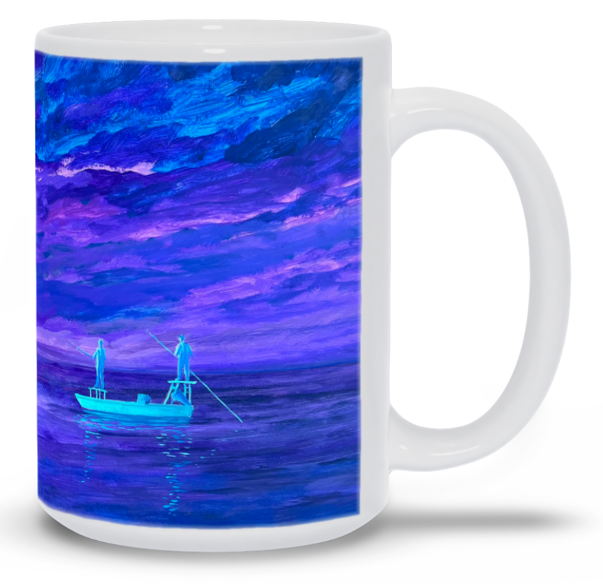 Mug with a blue and purple abstract design of a boat and figures on water.