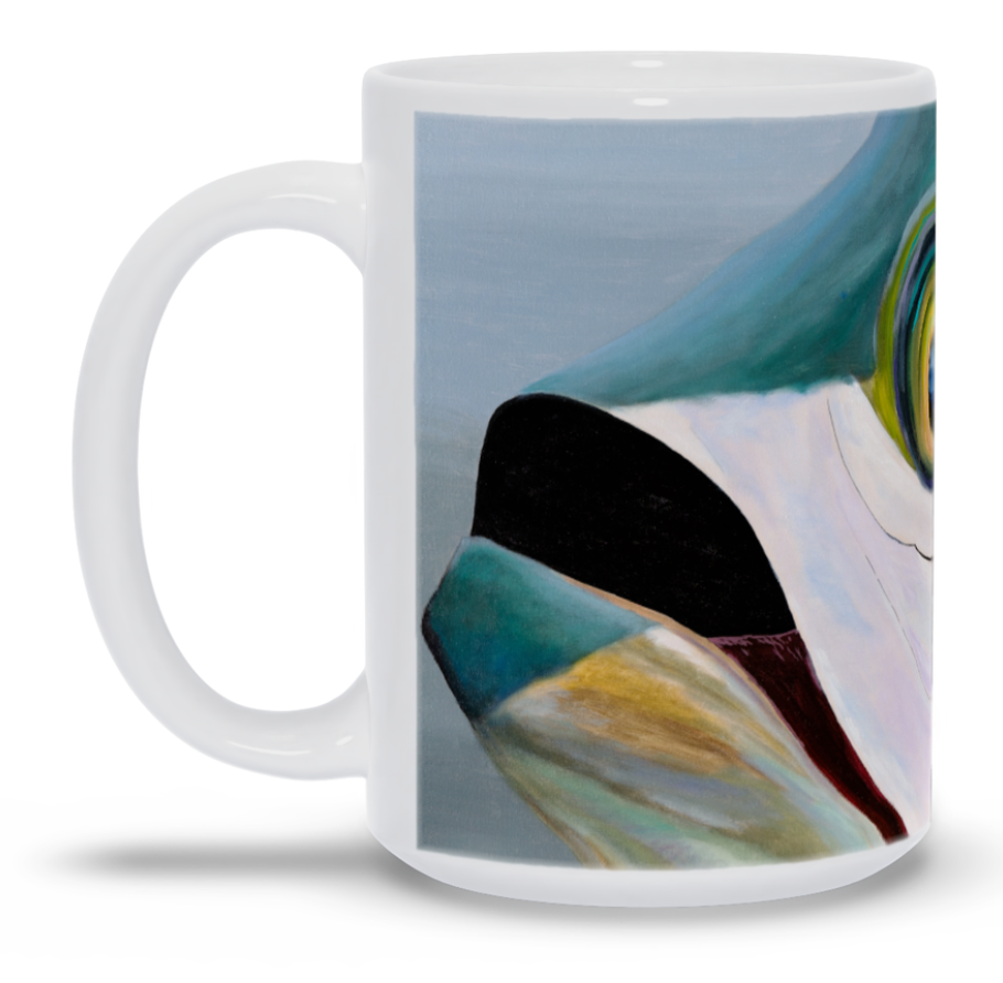 White mug with a colorful abstract design on a white background