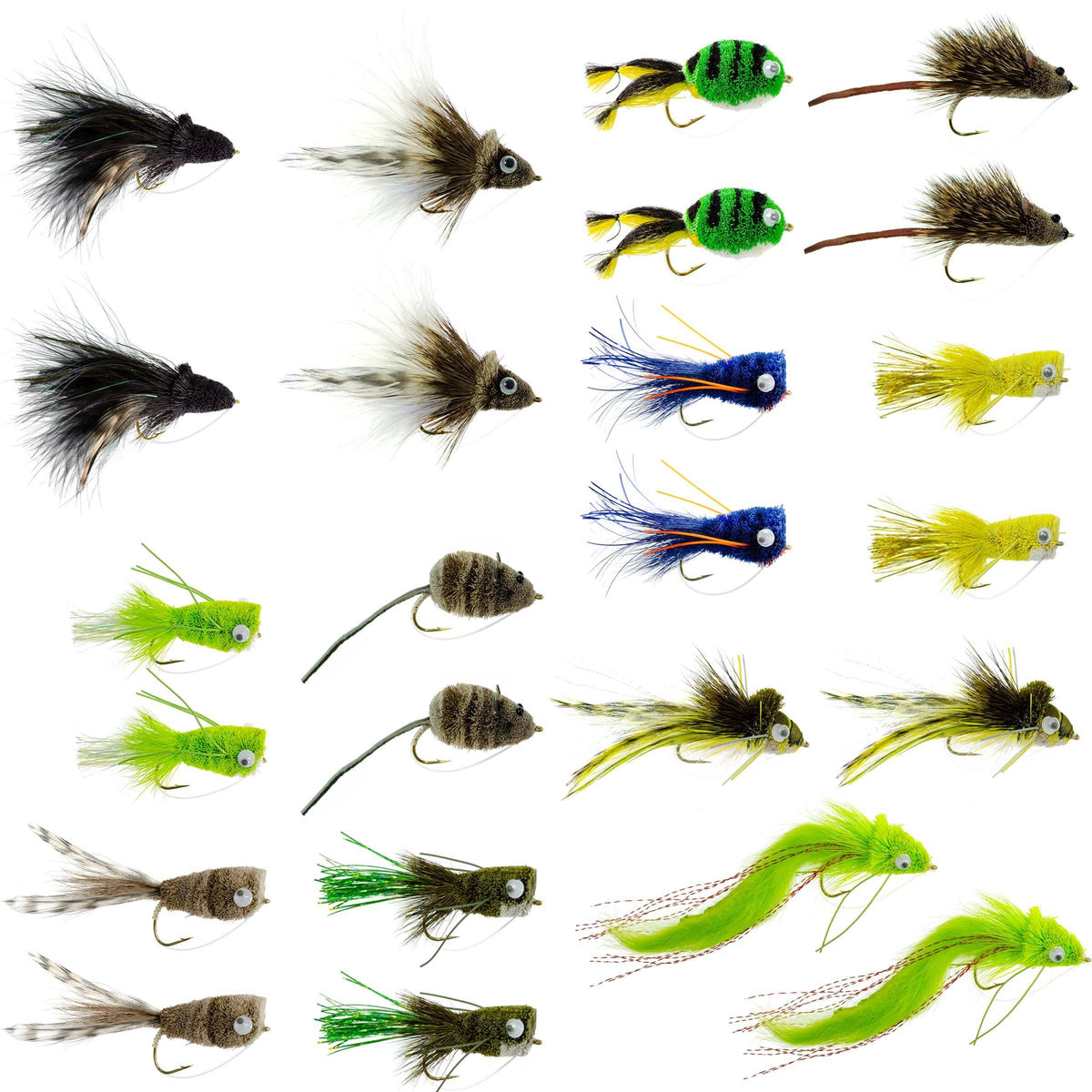 Bass Bug Collection - 24 Bass Fly Fishing Flies - Surface Poppers Frog, Rat, Mouse And Divers  - Hook Sizes 2,4, 6, 8