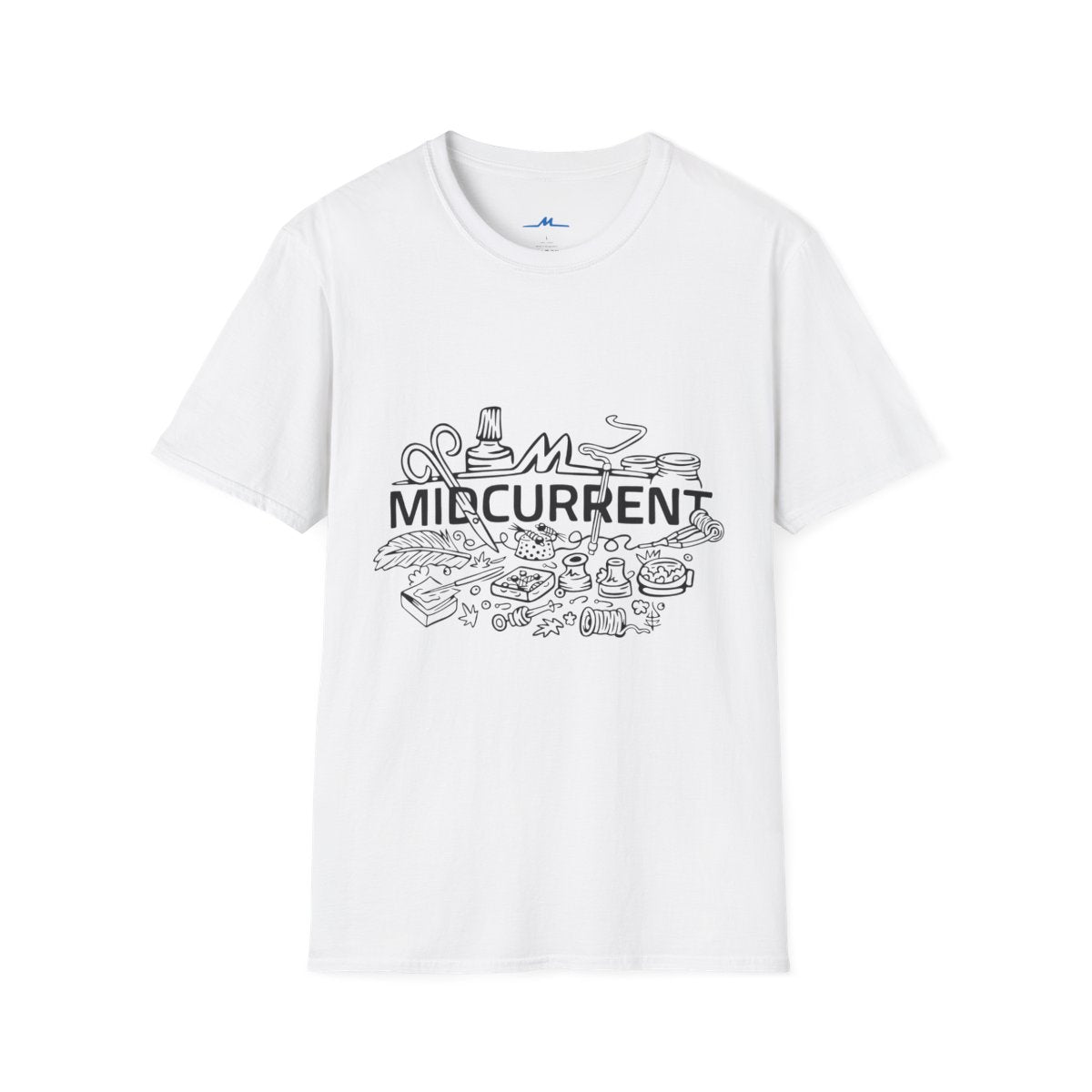White t-shirt with black graphic design and &#39;Midcurrent&#39; text on a white background